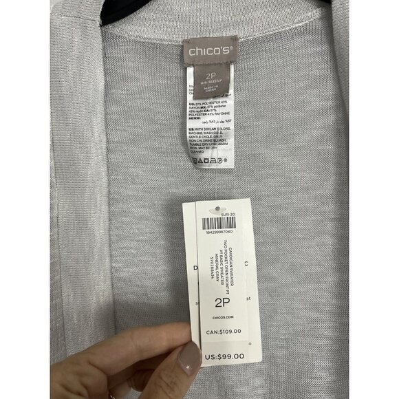 Chico’s Two Pocket Lightweight Open Front Cardigan NWT Gray Size Large Petite - Picture 4 of 5